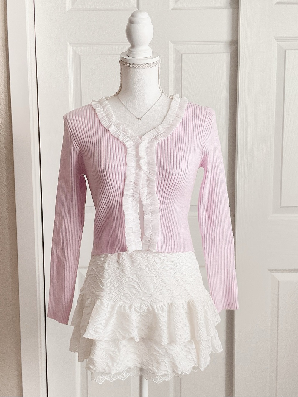 Dazy Ruffled Trim Ribbed Cardigan Pink/Purple - Picture 3 of 5